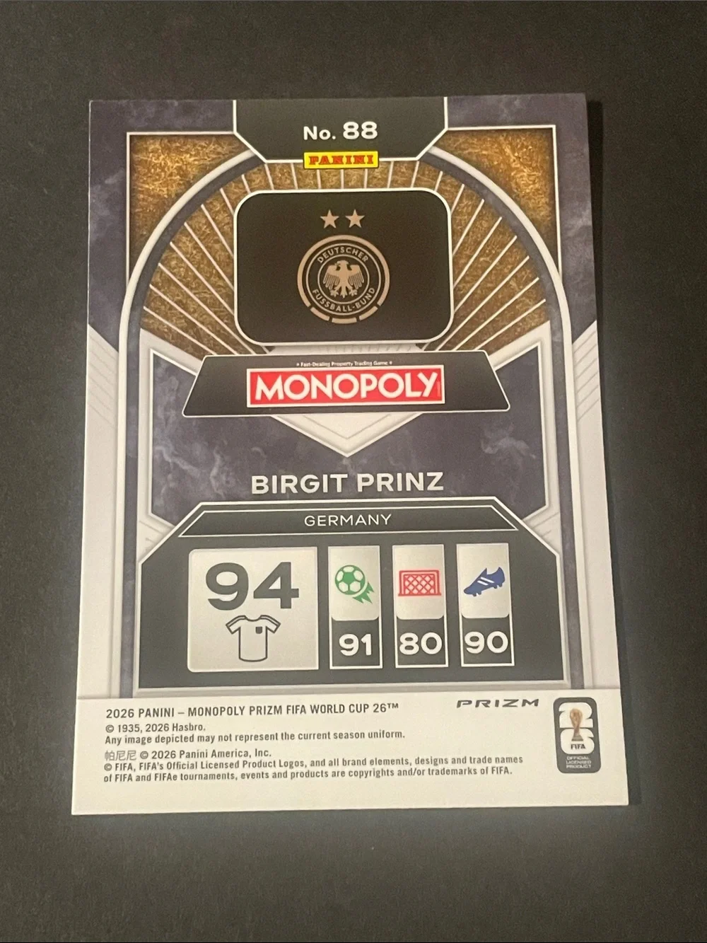 2026 Panini Prizm Monopoly FIFA World Cup - Birgit Prinz Germany #88 Blue Wave